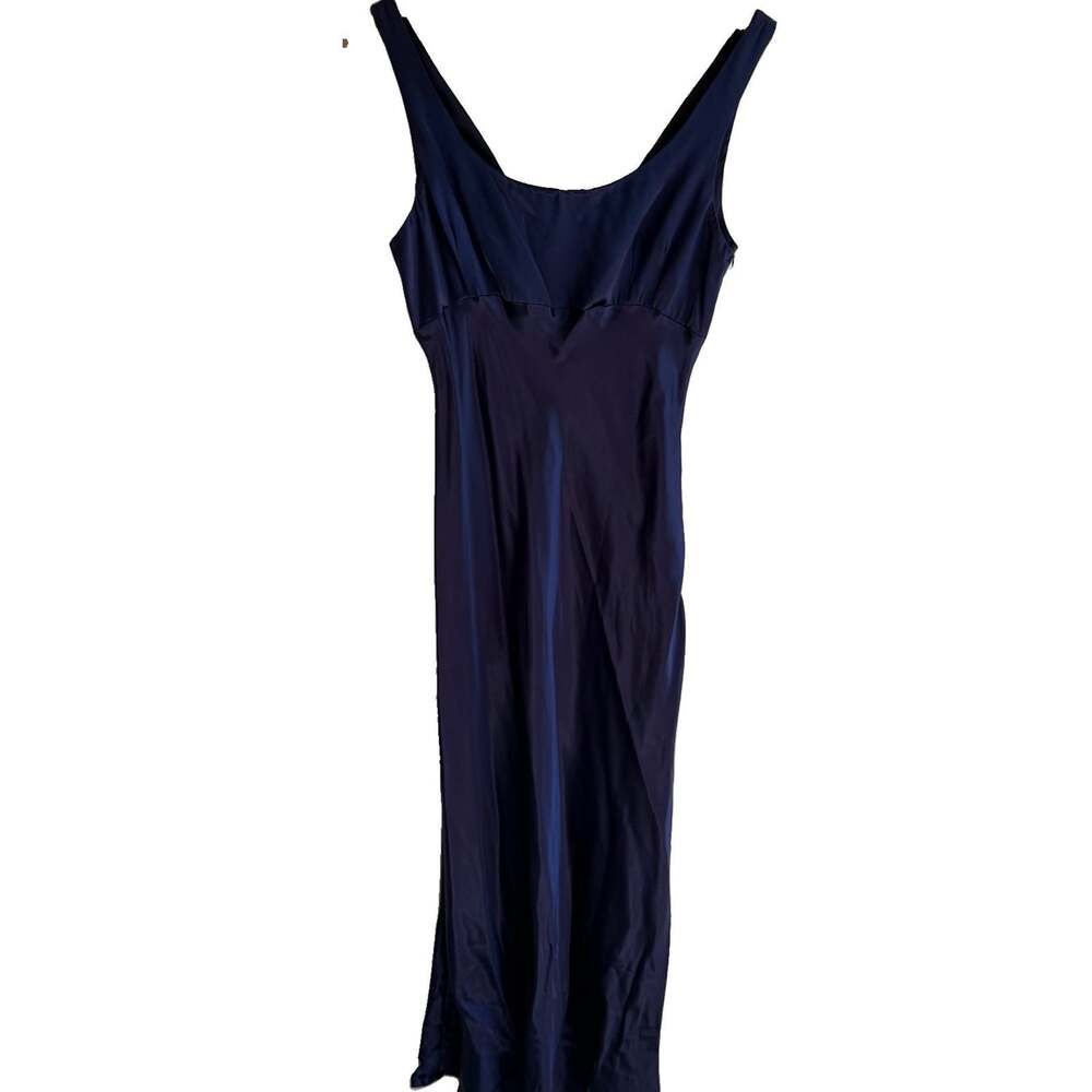 Vintage Wear Rampage 90s Navy Blue Satin Maxi Dress Lace Up Back Evening 11